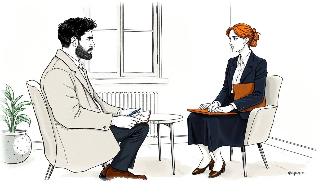 Illustration d'une séance de thérapie intime, deux silhouettes face à face dans un cabinet baigné d'une lumière douce