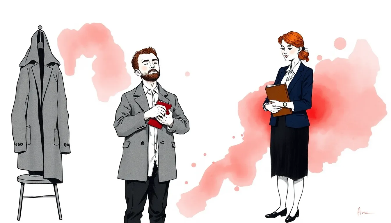 Illustration d'une séance de thérapie où le patient se tient les yeux fermés durant un exercice guidé, encre et lavis noir, blanc et cramoisi