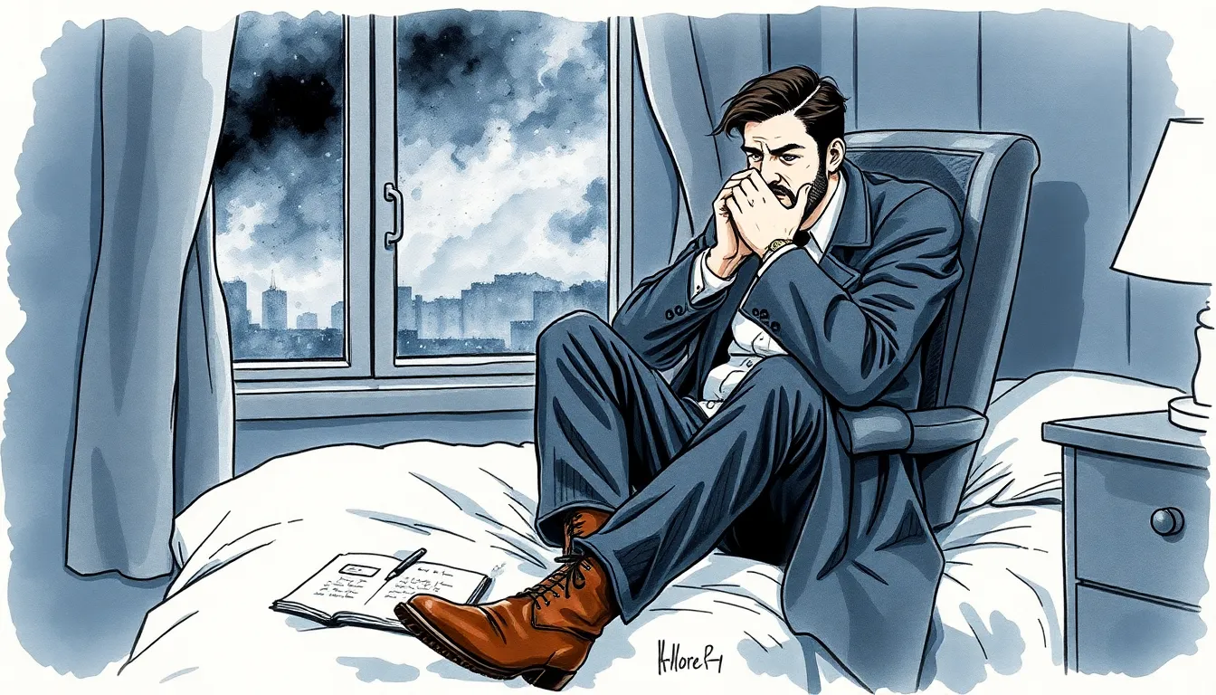 Illustration de la nuit d'Antoine, assis au bord du lit, mains au visage, fenêtre orageuse derrière lui