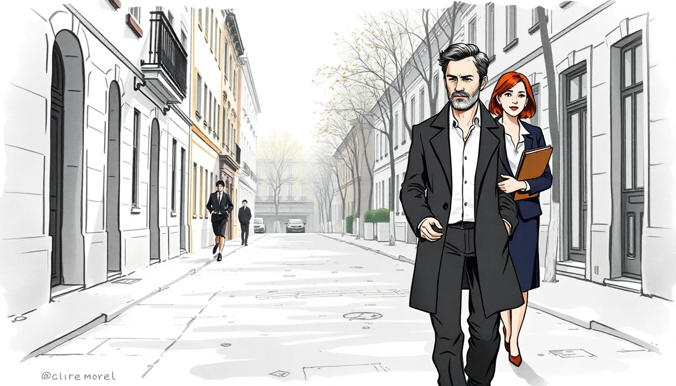 Antoine marchant dans une rue matinale, carnet à la main, lumière dorée