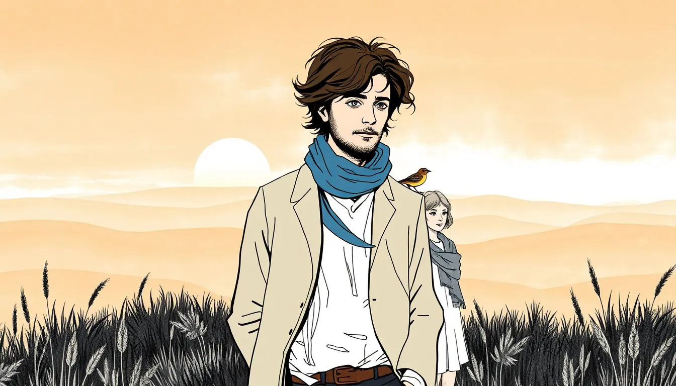 Illustration : un homme et une colline à l'aube, brume et petit oiseau