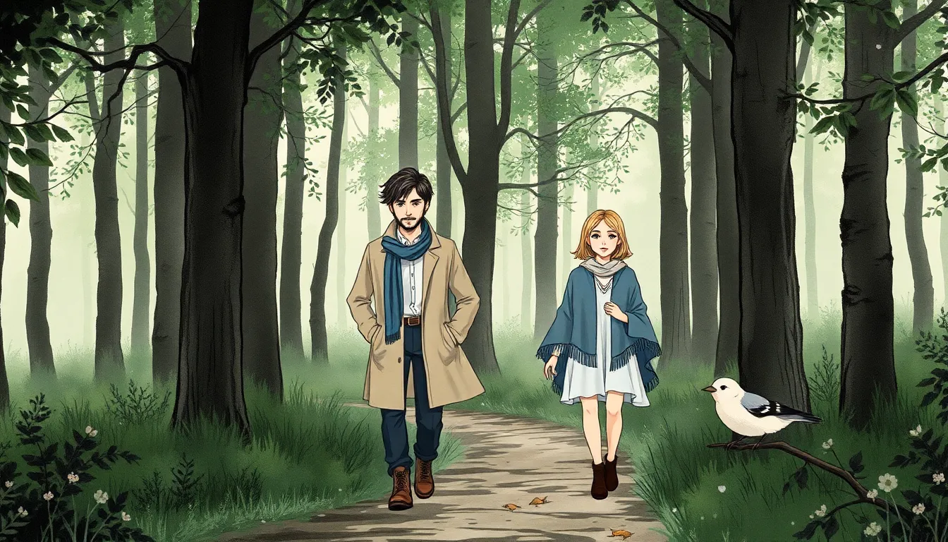 Sentier forestier au petit matin, gouttes sur les feuilles et lumière douce