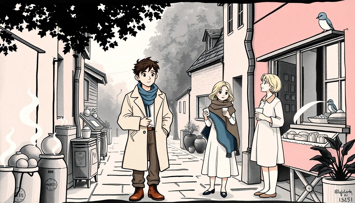 Rue de village au lever du jour, habitants et commerçants s'éveillant, vapeur de café et gestes bienveillants