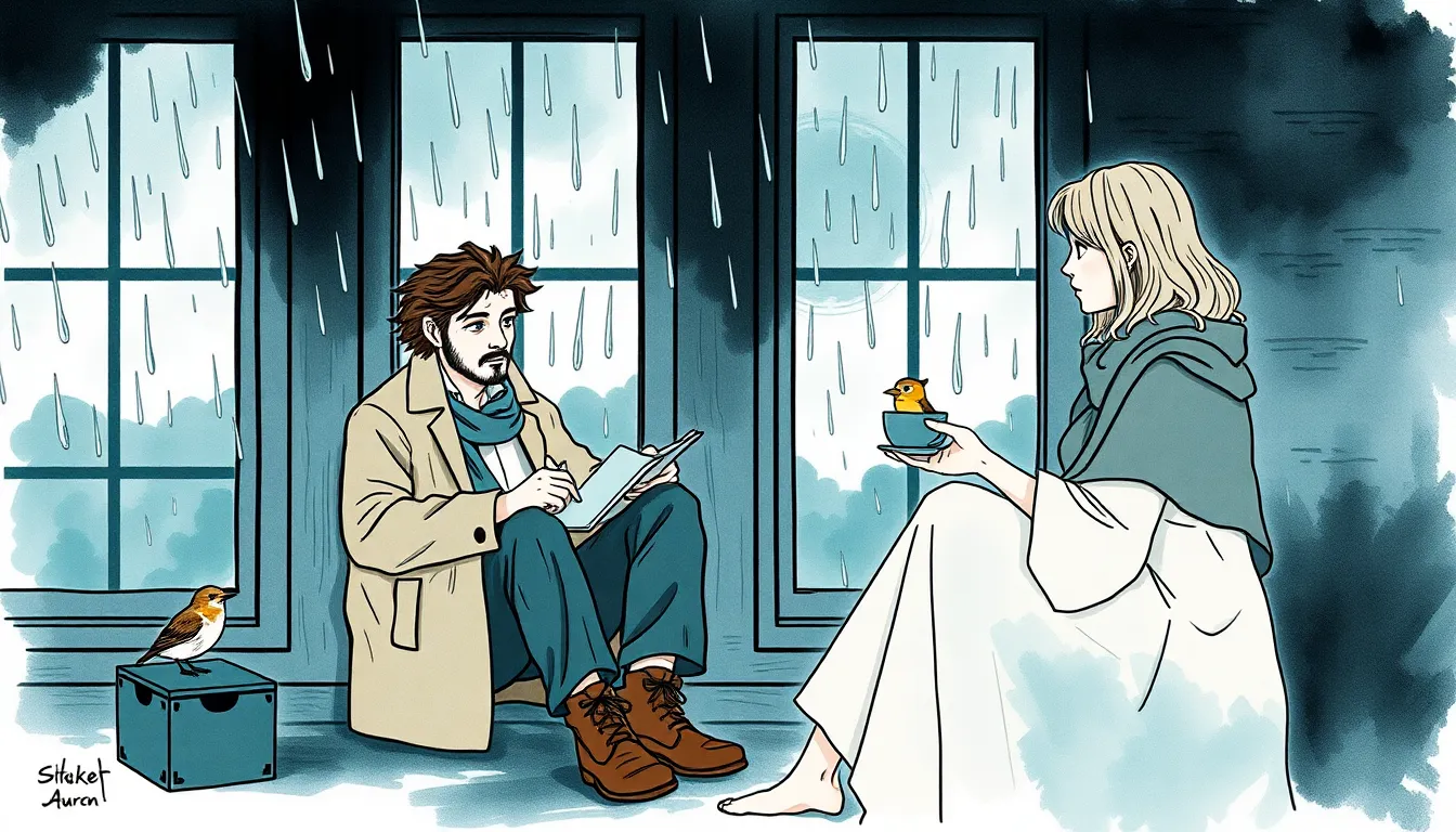 Illustration d'un orage au petit matin, homme à la fenêtre, femme offrant une tasse de thé