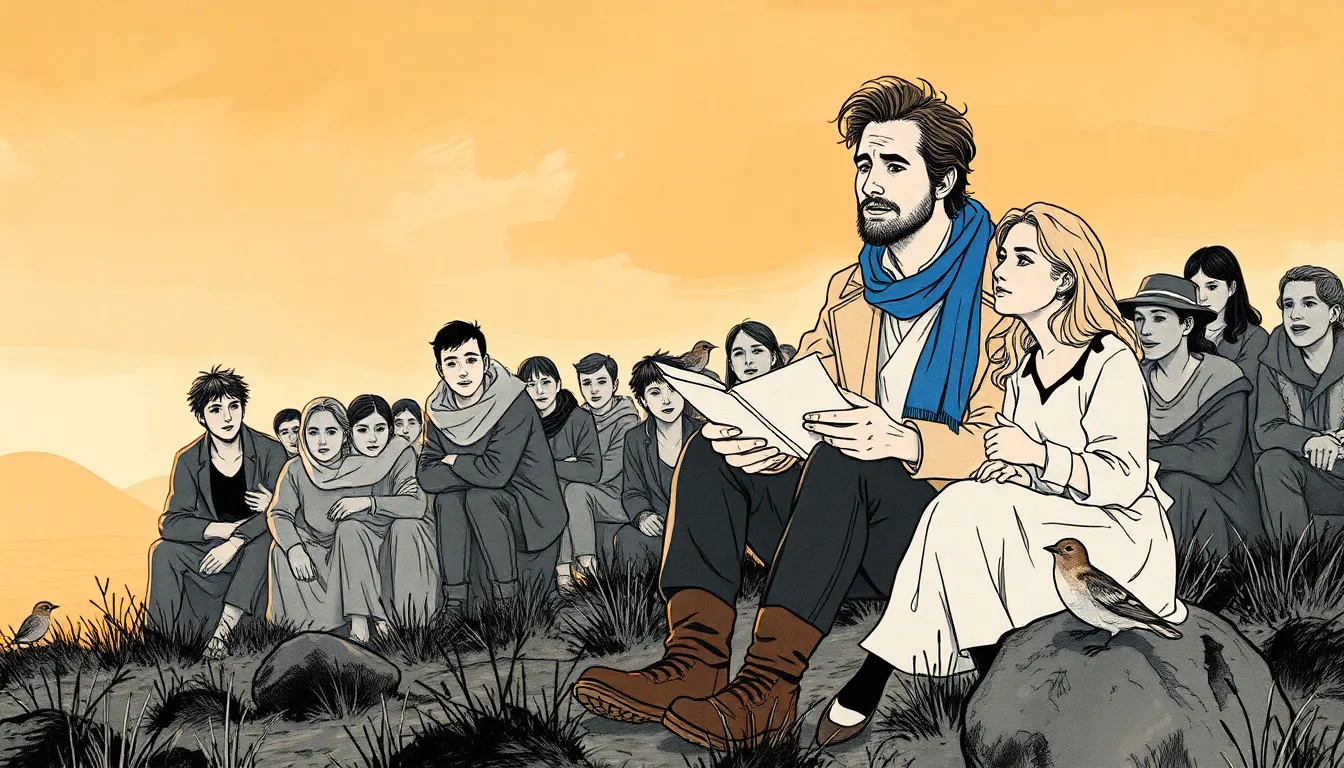 Rassemblement au lever du soleil sur la colline, lecture intime au milieu d'un village réveillé