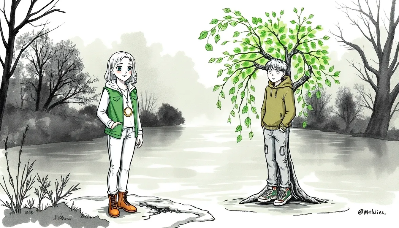 Les Enfants de la Lune : Sauver la nature grâce à leurs pouvoirs 2 Illustration d'une séance d'entraînement au bord d'un canal où des adolescents soignent un arbre malade