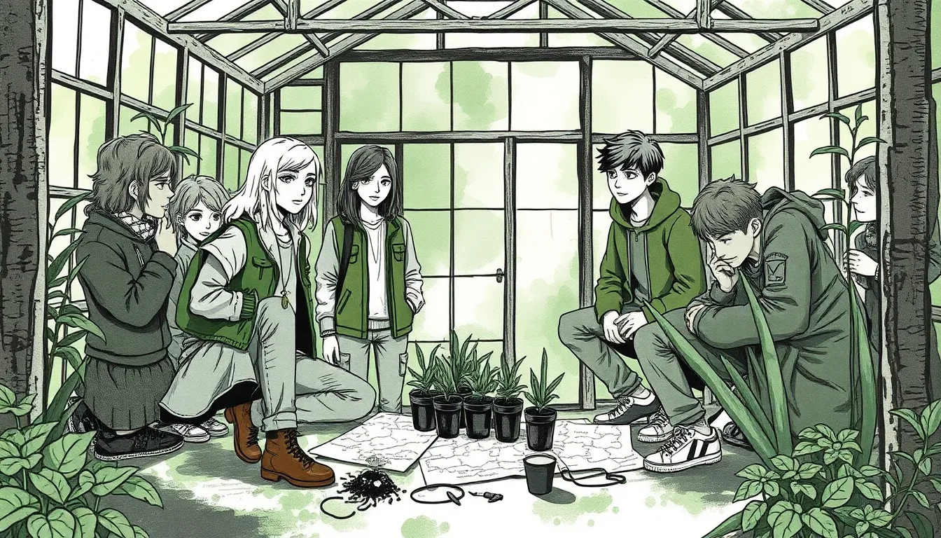 Les Enfants de la Lune : Sauver la nature grâce à leurs pouvoirs 3 Illustration d'une réunion secrète dans une serre abandonnée, adolescents réunis autour de semis et de cartes