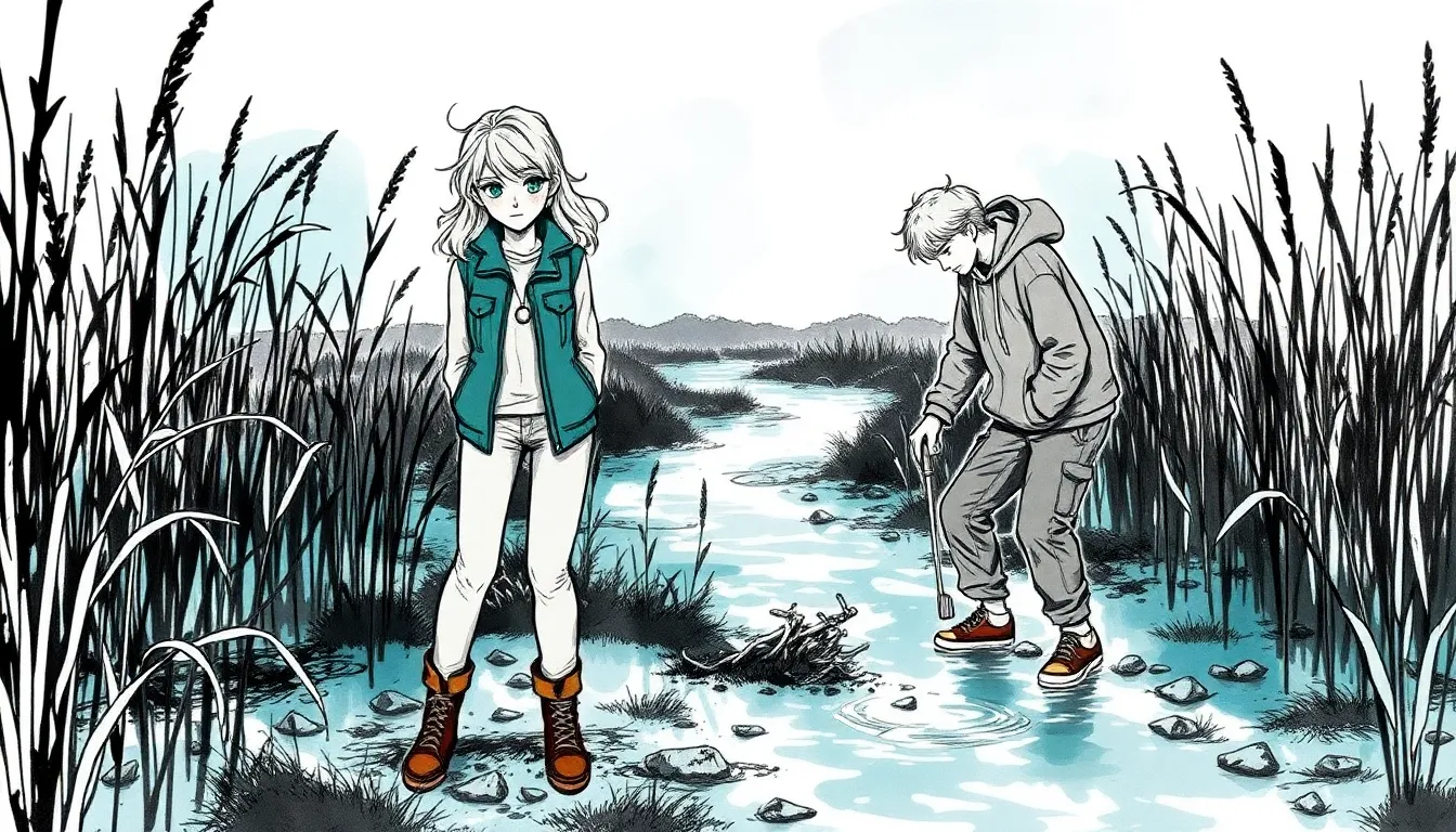 Les Enfants de la Lune : Sauver la nature grâce à leurs pouvoirs 4 Illustration de marais en dégradation, adolescents travaillant à la restauration des roseaux