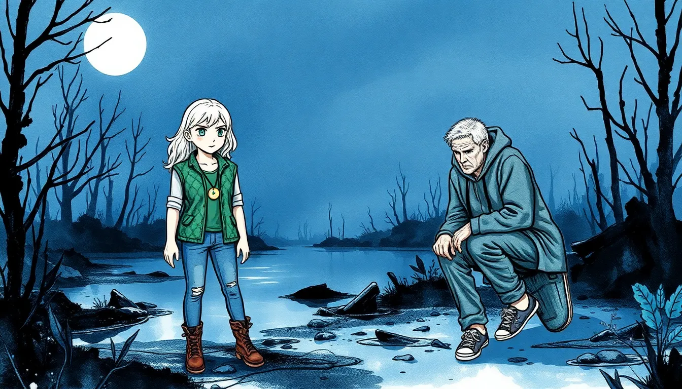 Les Enfants de la Lune : Sauver la nature grâce à leurs pouvoirs 6 Illustration de la mare asséchée et de la botaniste avec les adolescents