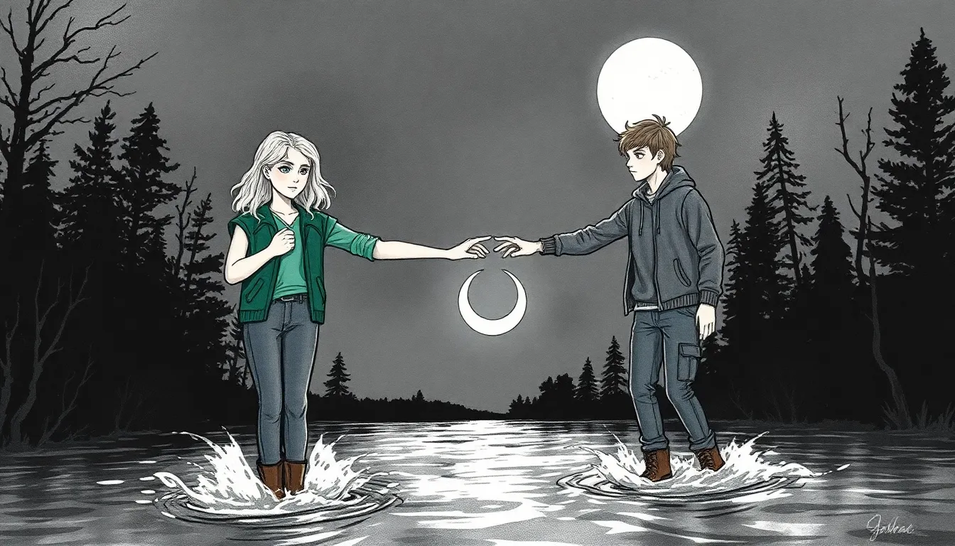 Les Enfants de la Lune : Sauver la nature grâce à leurs pouvoirs 8 Illustration nocturne des adolescents unissant leurs pouvoirs sous la pleine lune pour purifier une rivière