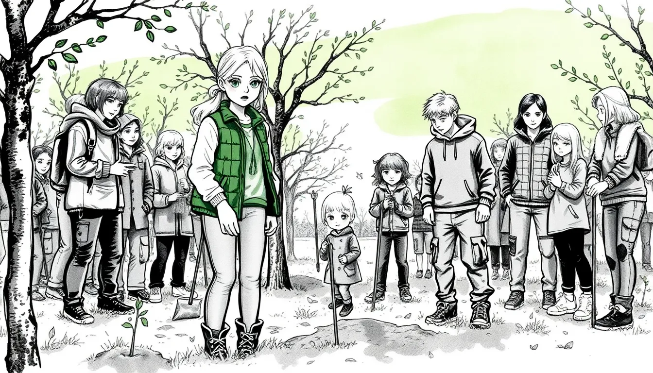 Les Enfants de la Lune : Sauver la nature grâce à leurs pouvoirs 9 Célébration collective dans un verger restauré, adultes et jeunes plantant des arbres ensemble