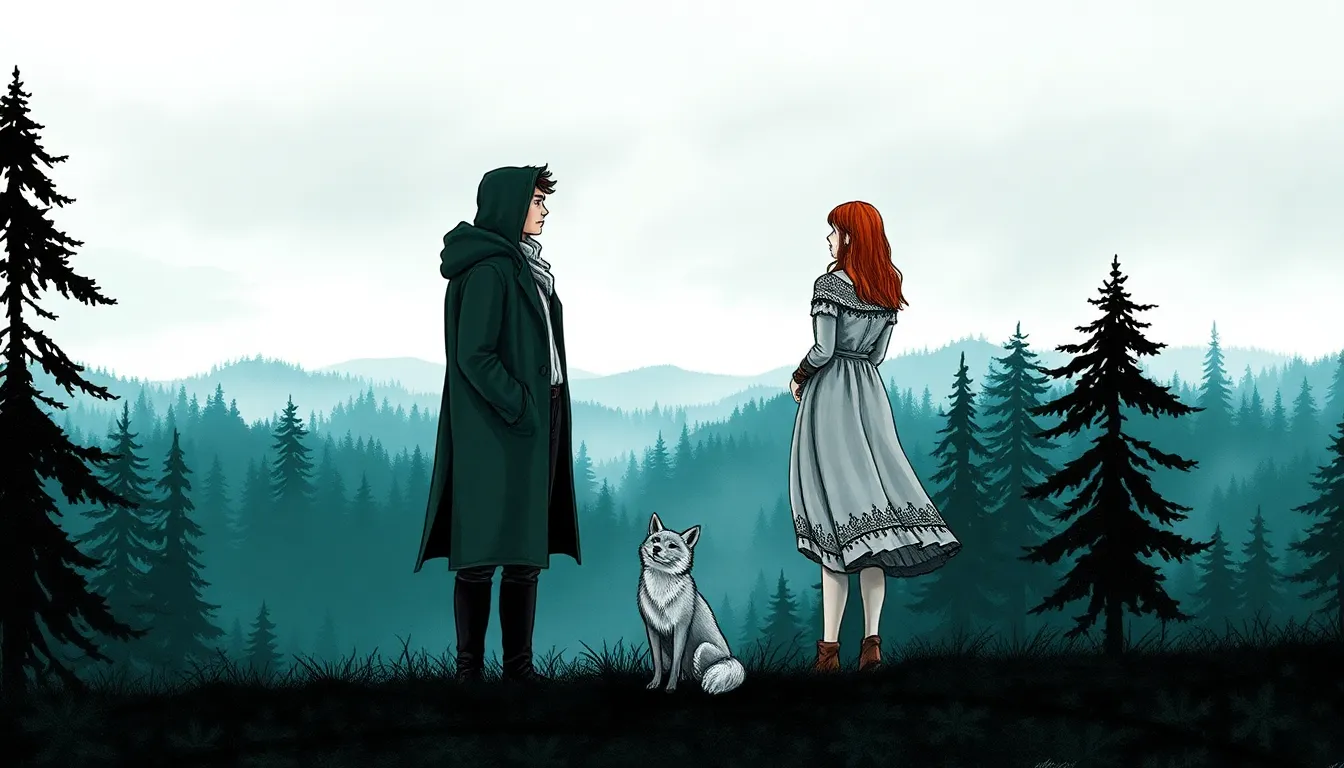 La Forêt des Légendes : Un voyage dans un monde fantastique 8 Vue lointaine de la forêt légendaire au crépuscule, Elior et Mira observant les lueurs