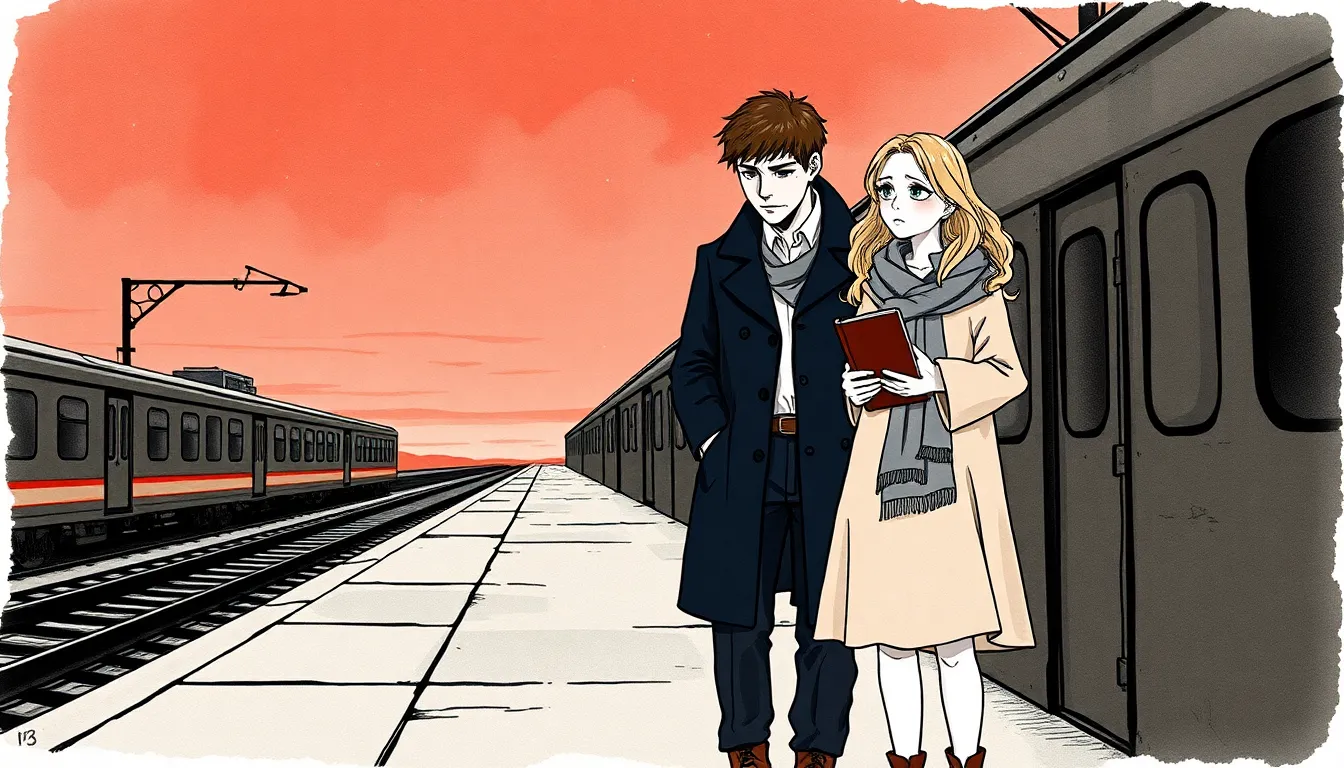 Illustration de la séparation sur un quai de gare, un pendentif en forme d'étoile et un carnet de cuir présents entre eux