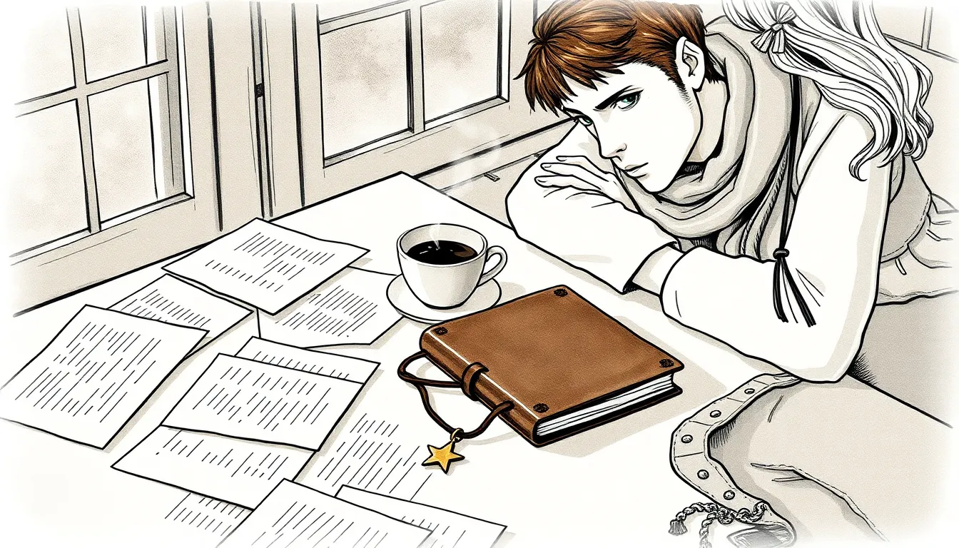 Illustration d'une table avec lettres, carnet et pendentif en forme d'étoile