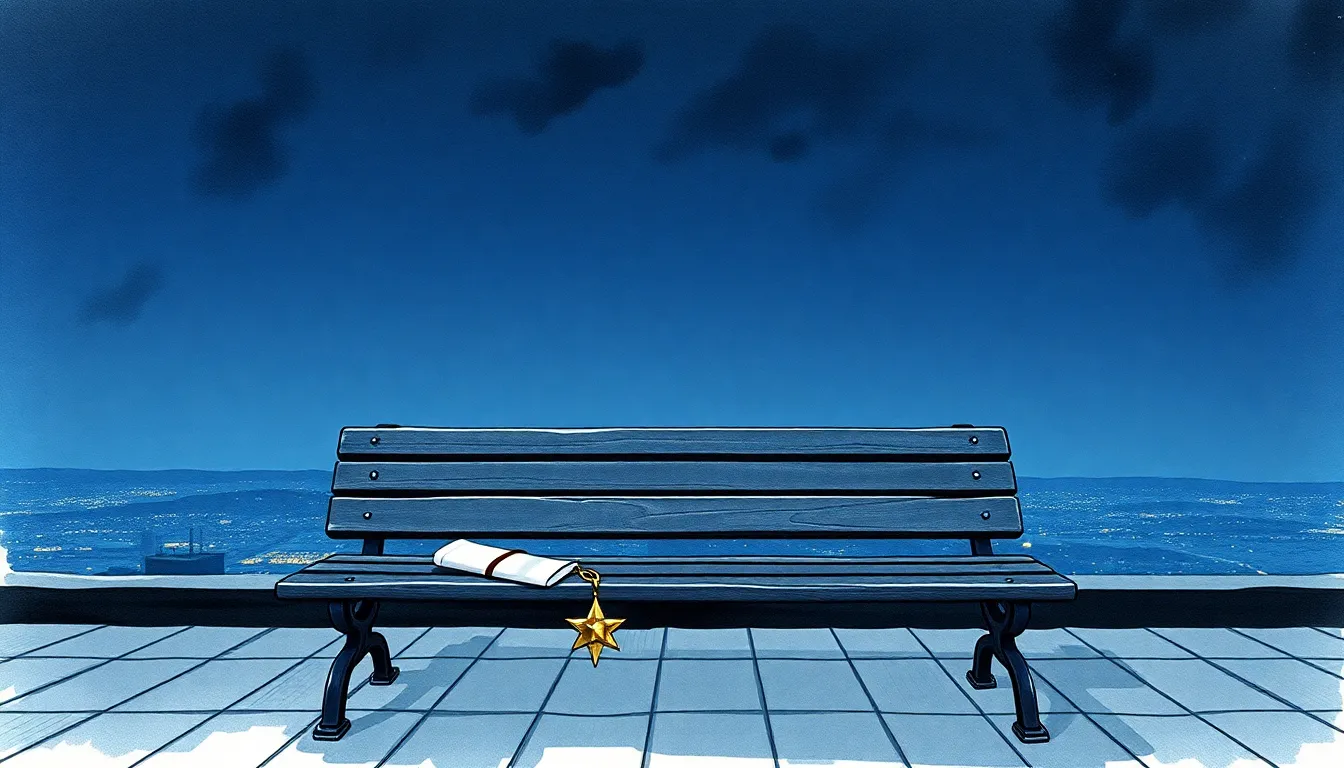 Illustration d'un banc vide sur un toit, un pendentif en forme d'étoile posé sur une lettre pliée