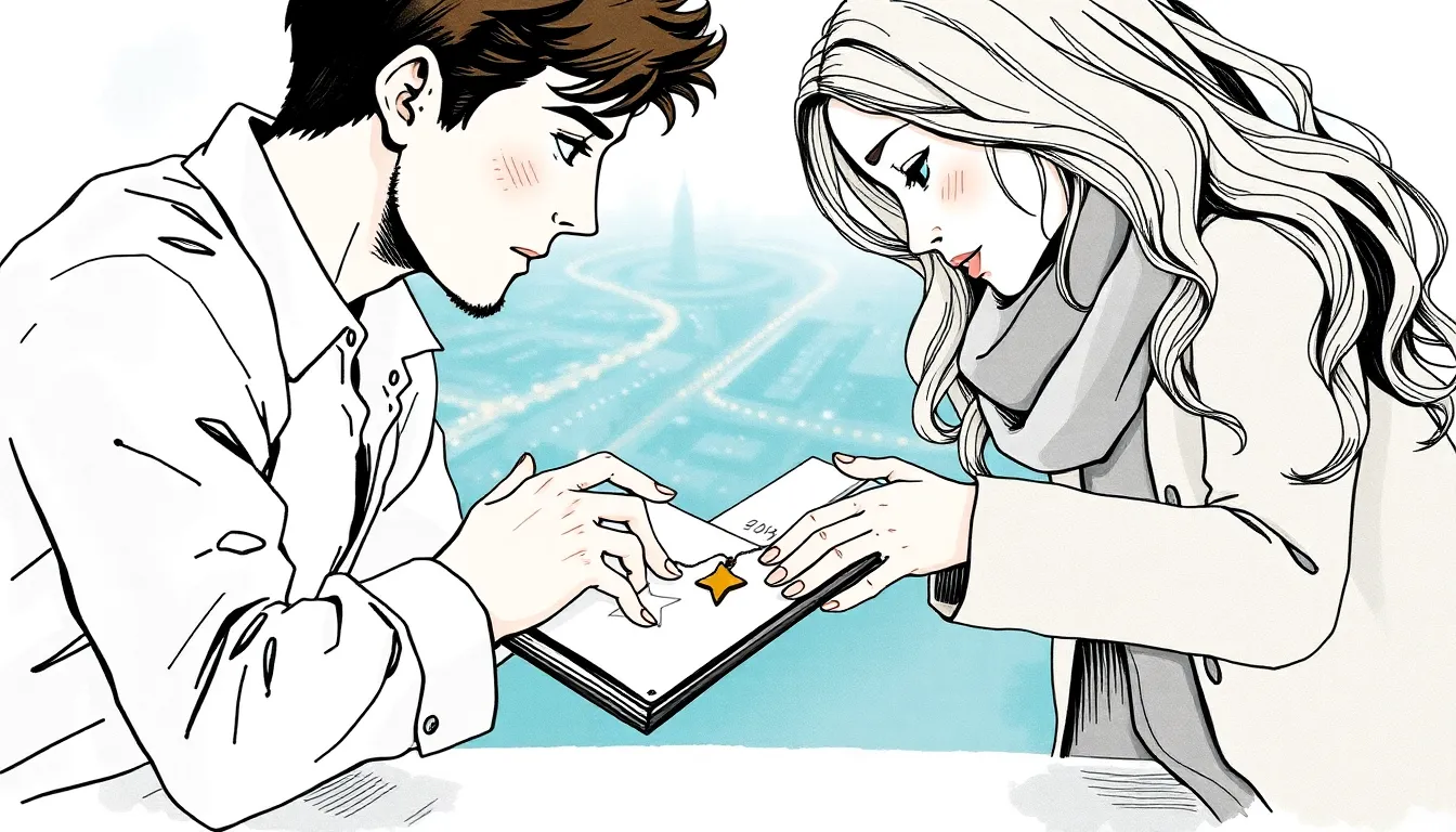 Illustration de mains se rejoignant autour d'un carnet et d'un pendentif en forme d'étoile