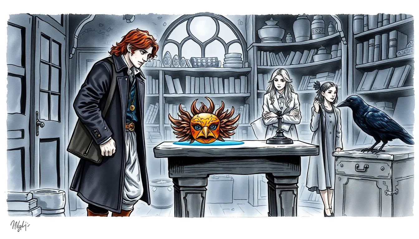 Elias découvre un masque phoenix dans une boutique poussiéreuse