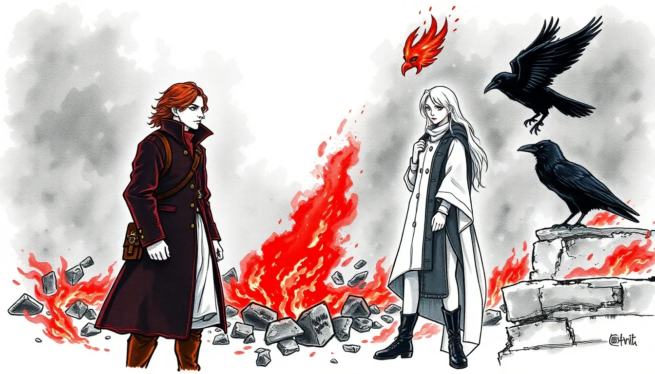 Illustration du sanctuaire du Phoenix : amphithéâtre de pierre, cendres et flammes illusoires