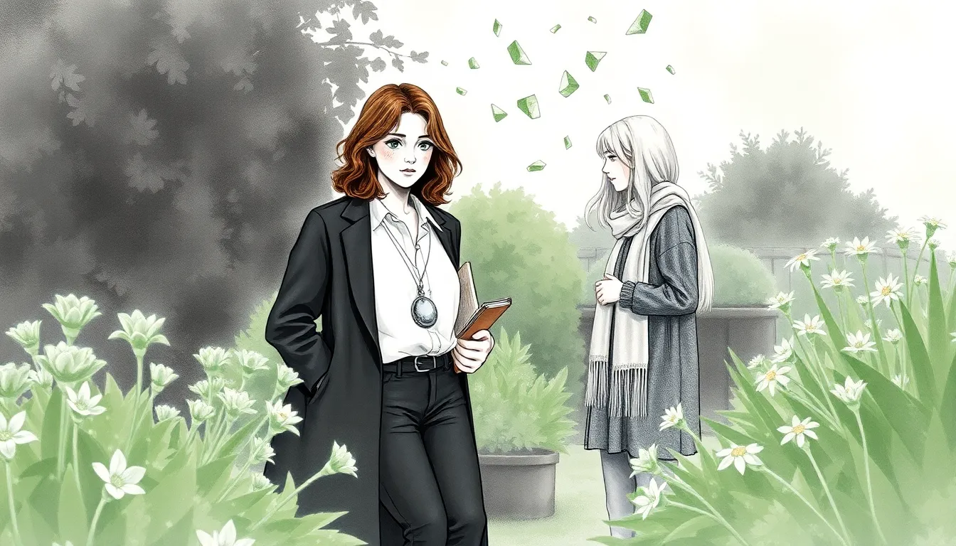 Camille et Elise réparant des liens dans un jardin communautaire, motifs de rêves guéris flottant au-dessus