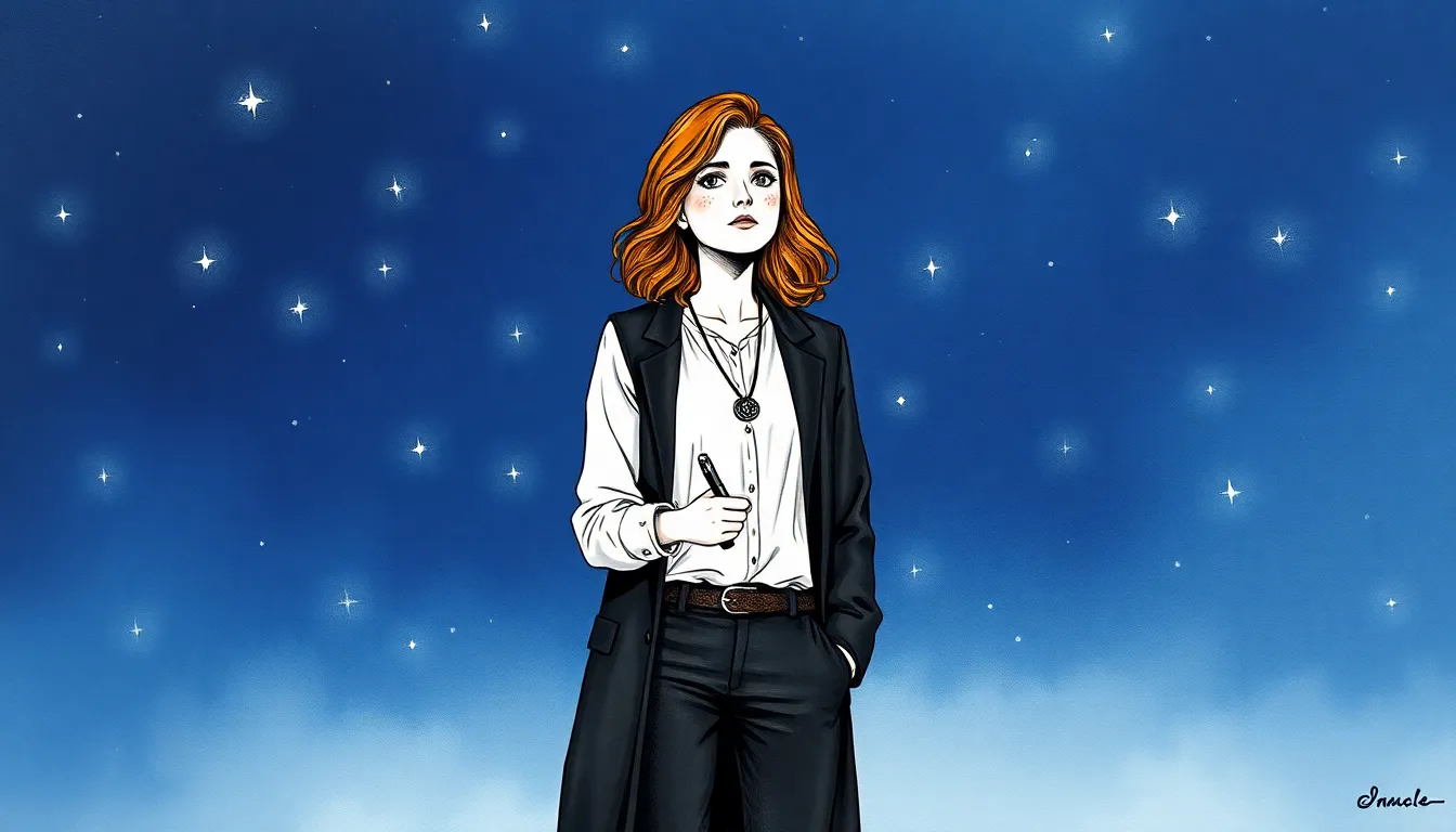 Camille sous un ciel nocturne, une lueur de rêve au loin