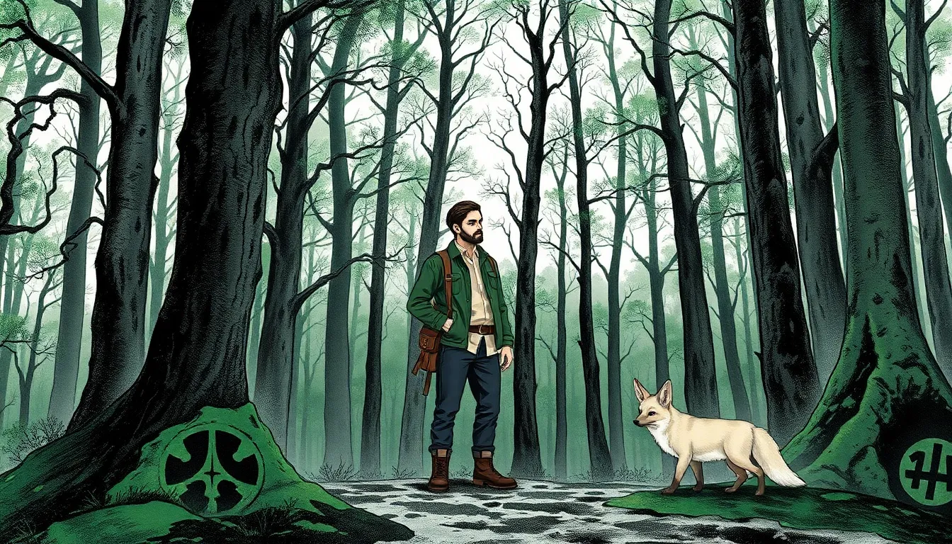 Illustration de la forêt des Secrets, Lucien à l'orée, pierre moussue gravée