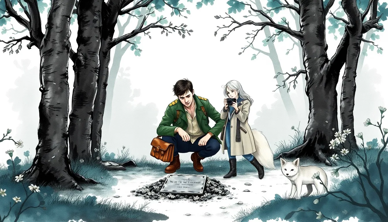 Deux silhouettes au bord d'une clairière, cercle d'arbres marqués et plaque métallique partiellement enfouie