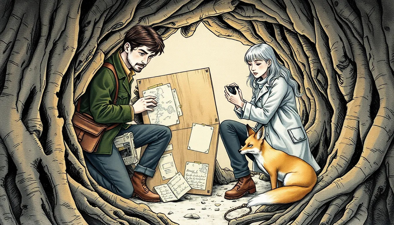 Découverte d'une cavité sous une arche de racines, documents anciens et carte fragile