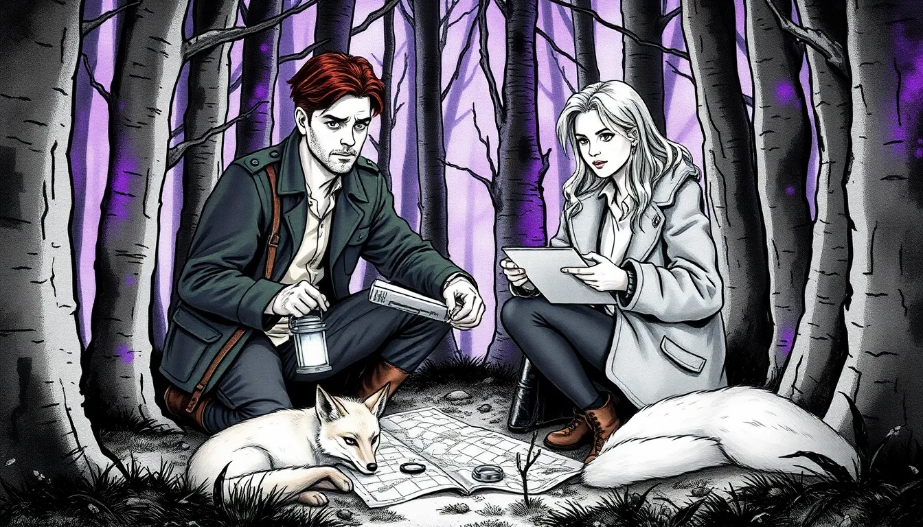 Lucien et Anna planifient la numérisation des documents à la lueur d'une lanterne dans la forêt