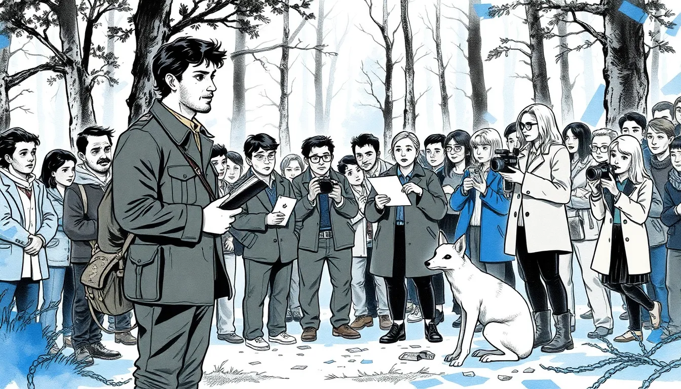 Lucien et Anna face à la presse au bord de la forêt, documents étalés, foule attentive