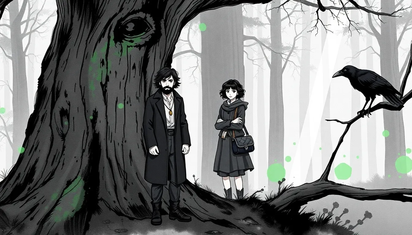 La Forêt des Âmes : Mystères et âmes interconnectées 1 Elias Marchand touchant un chêne à la lisière de la forêt, Marta et le corbeau Aster à ses côtés