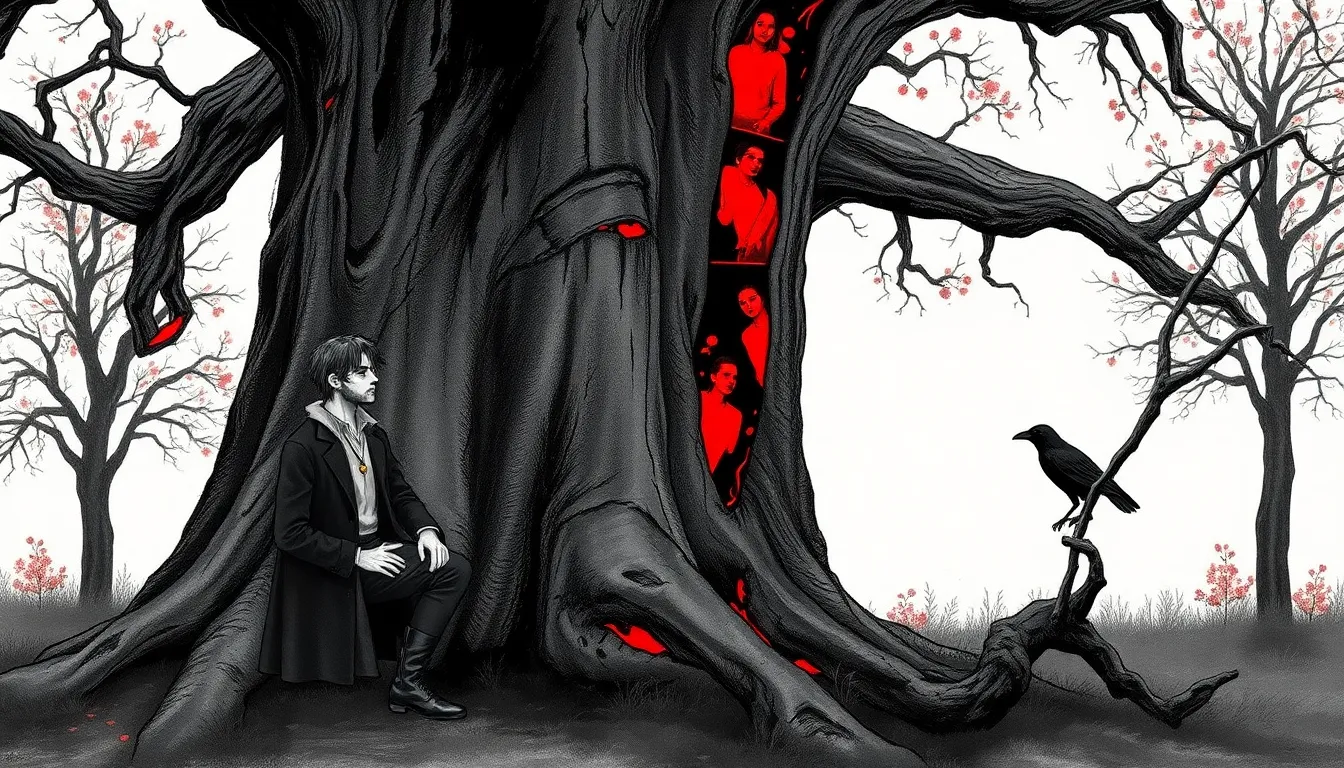 La Forêt des Âmes : Mystères et âmes interconnectées 3 Illustration d'un vieux chêne aux memoires de mort et de tendresse, Elias agenouillé, Marta à ses côtés, teintes rouges sombres