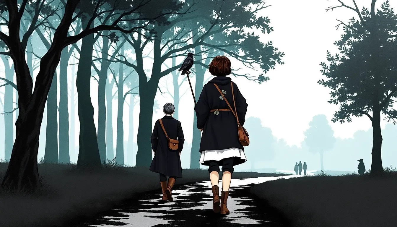 La Forêt des Âmes : Mystères et âmes interconnectées 9 Illustration de la Forêt des Âmes apaisée, Elias et Marta quittant le sentier