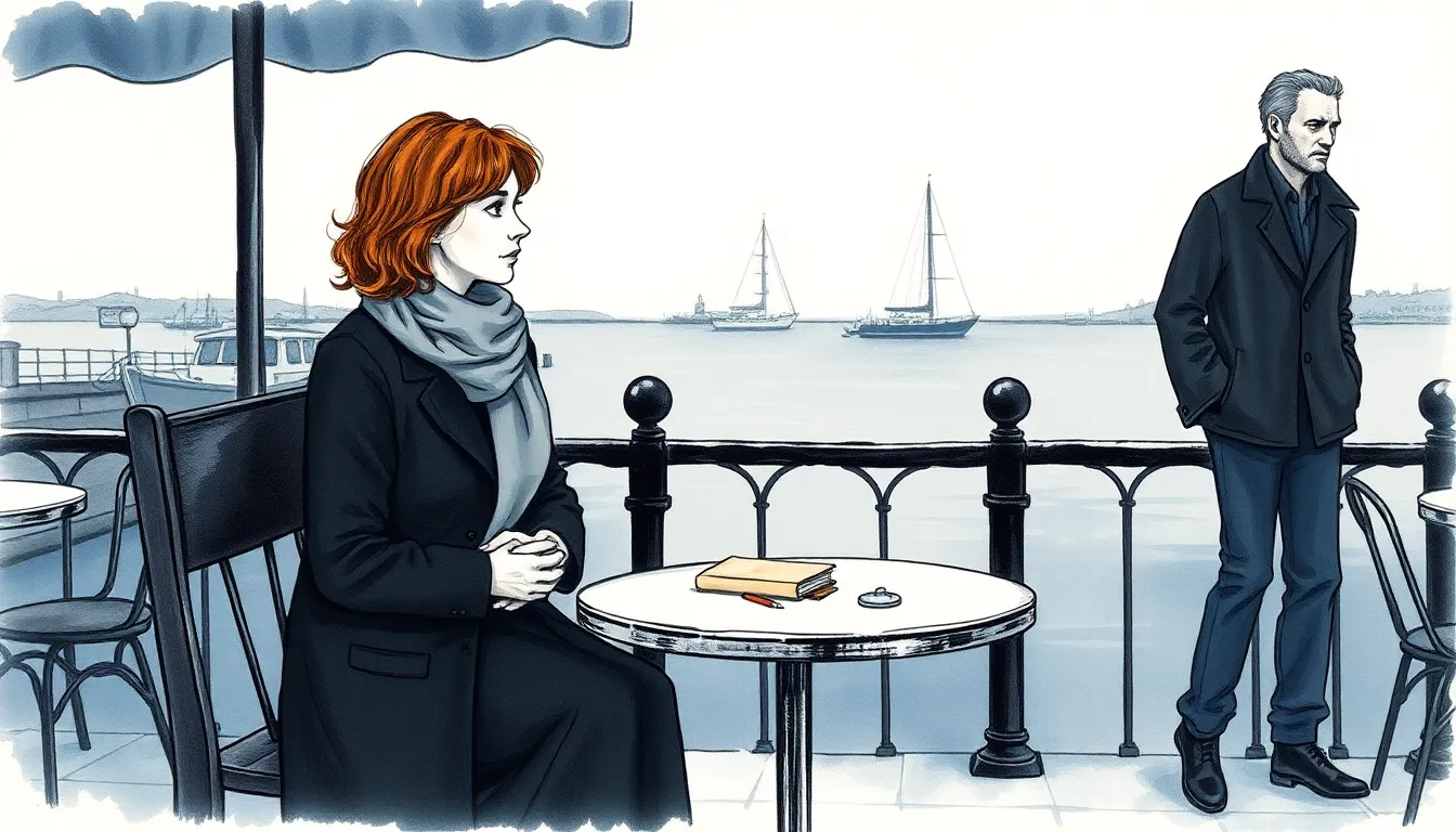 Claire Martel assise à une table du café du port, carnet et médaille en argent posés devant elle