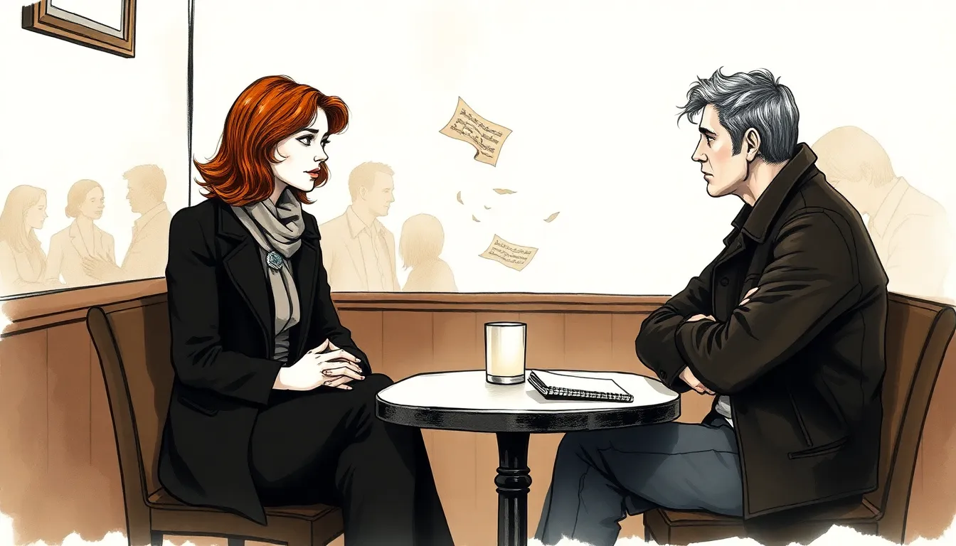 Illustration de Claire et Marc dans un coin de café, souvenirs en filigrane