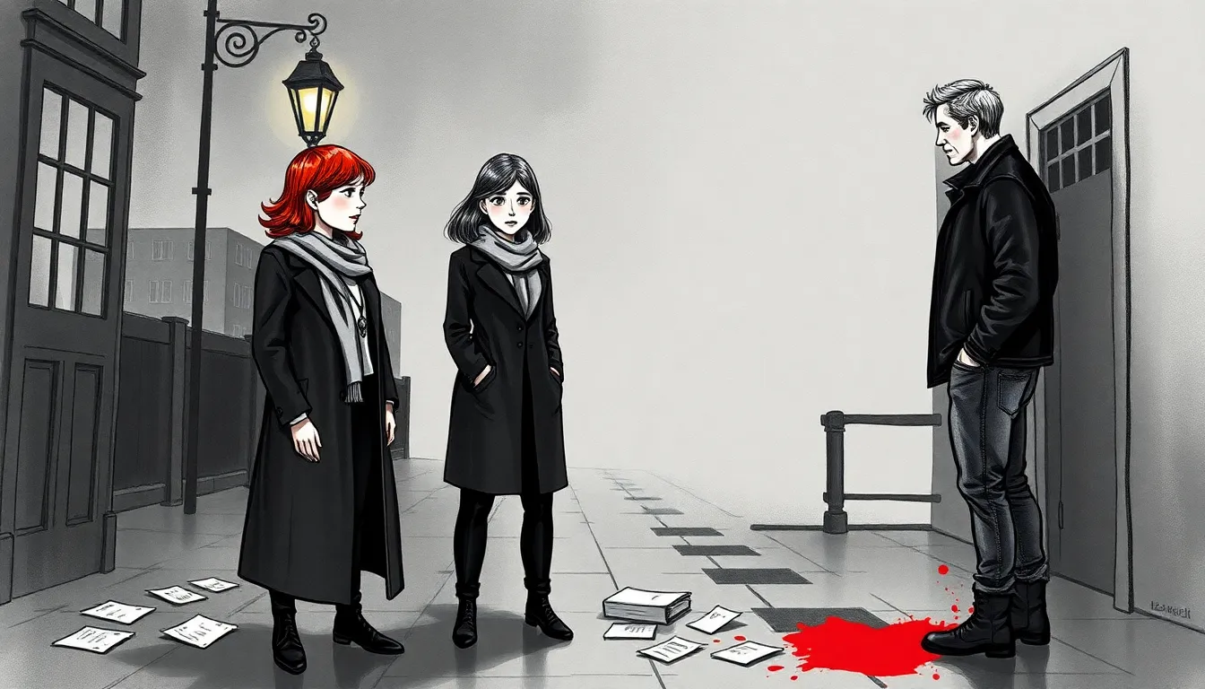 Claire et Marc sous un réverbère, enveloppe et papiers éparpillés au sol