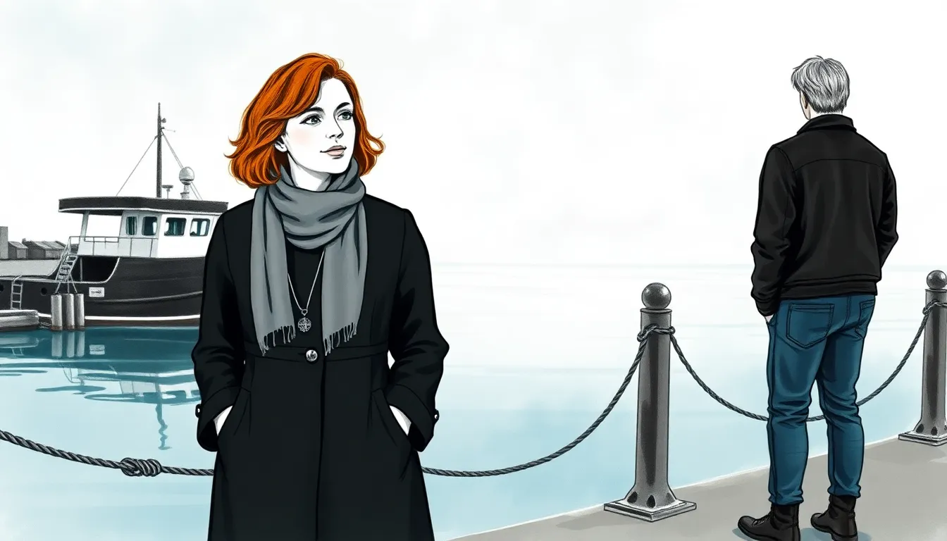 Illustration de Claire au quai, regardant l'horizon, symboles de reconstruction et d'espoir