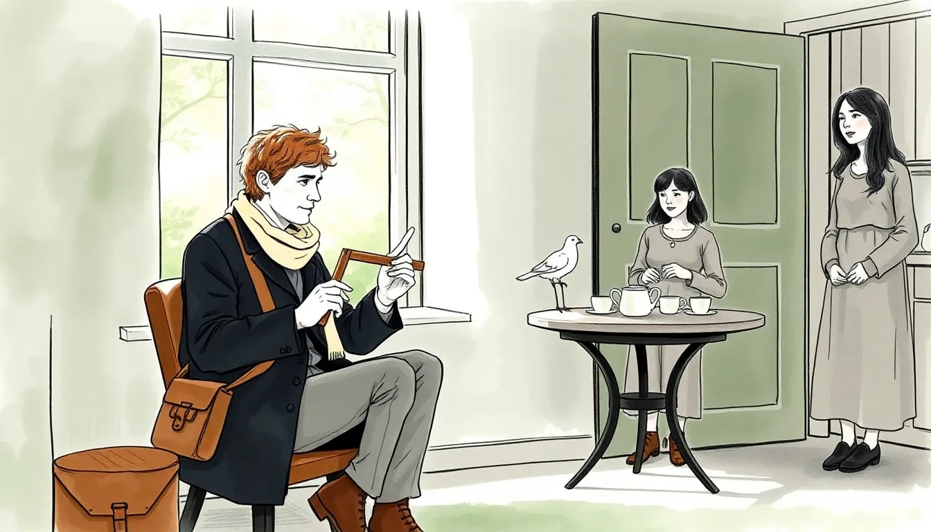 La Mélodie du Bonheur : Une poésie enchantée pour l'âme 5 Antoine jouant la mélodie près d'une fenêtre, lumière matinale, voisin et enfant à l'écoute