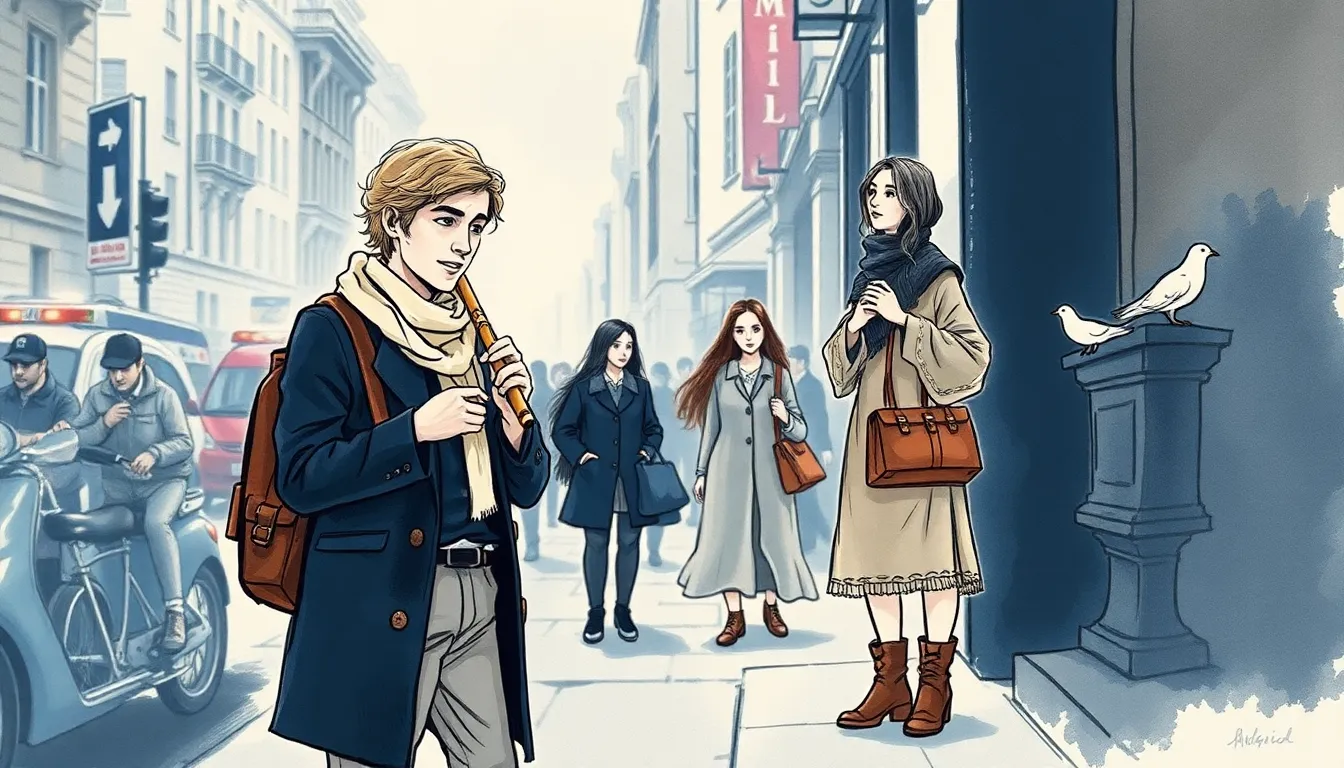 La Mélodie du Bonheur : Une poésie enchantée pour l'âme 6 Antoine jouant dans une rue agitée, sirènes et passants pressés, Elise à ses côtés