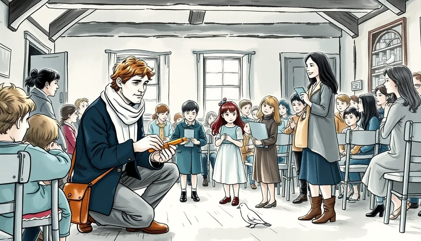 La Mélodie du Bonheur : Une poésie enchantée pour l'âme 7 Salle communautaire modeste remplie de personnes partageant la musique, enfants apprenant la mélodie, Antoine guidant un enfant, Elise arrangeant des chaises