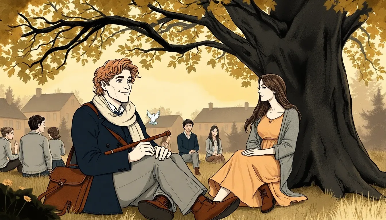 La Mélodie du Bonheur : Une poésie enchantée pour l'âme 8 Antoine et Elise sous un grand arbre, cercle de voisins écoutant la mélodie au crépuscule