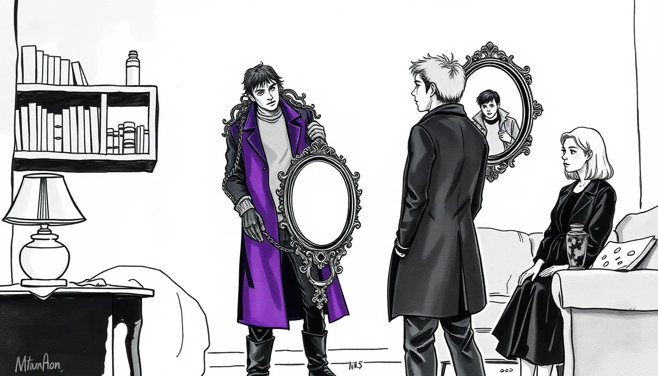 Illustration d'une scène tendue où un couple se dispute après la révélation d'une vérité par le miroir, un ami détourne le regard, le protagoniste observe, accablé.