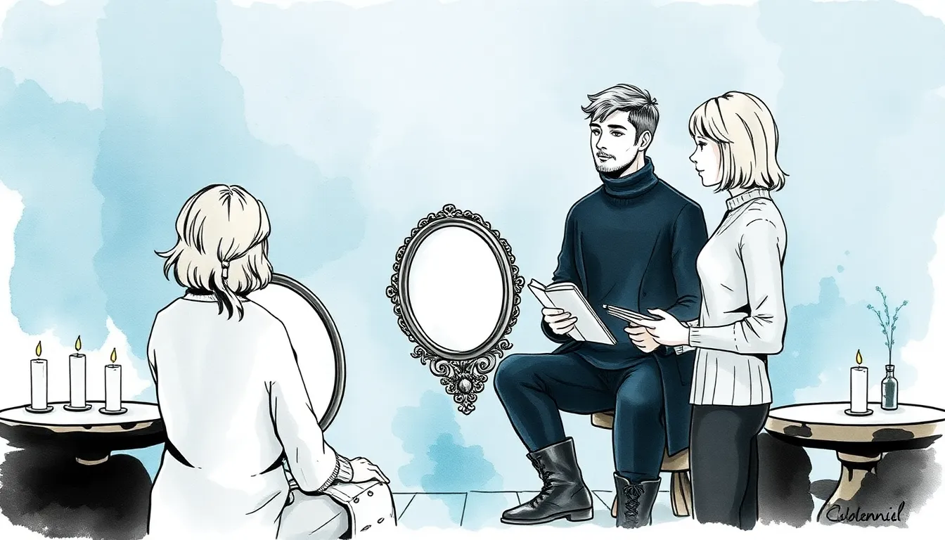 Illustration d'un atelier de réparation des liens autour d'un miroir ancien